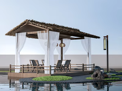 Traditional Thatched Roof Pavilion with White Curtains Wooden Chairs and Water Pool Surroundings 3d model