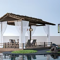 Traditional Thatched Roof Pavilion with White Curtains Wooden Chairs and Water Pool Surroundings