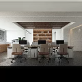 Modern Office Desk Setup With Multiple Monitors White Chairs With Brown Seats And Pen Holder