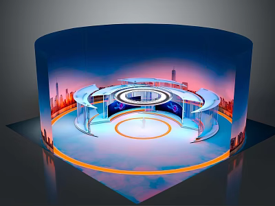Modern Commercial Equipment Display Setup With Circular Booth Curved Structure And City Backdrop Lighting Effects 3d model