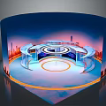 Modern Commercial Equipment Display Setup With Circular Booth Curved Structure And City Backdrop Lighting Effects