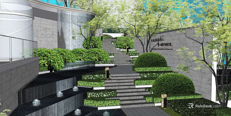 Beautiful Residential Landscape With Stone Stairs Lush Greenery Trimmed Shrubs And Water Features 3d model 