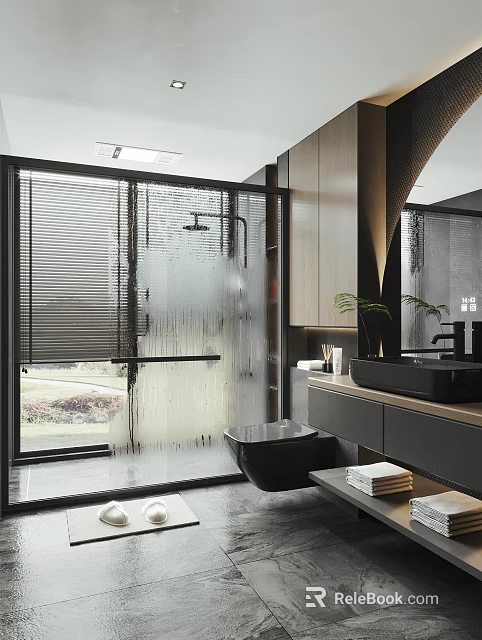 Modern Bathroom Interior With Glass Shower Enclosure Toilet Vanity Mirror And Window Blinds 3d model 