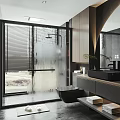 Modern Bathroom Interior With Glass Shower Enclosure Toilet Vanity Mirror And Window Blinds
