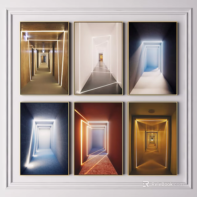 Modern Colorful Corridor Artworks With Lighted Lines In Six Framed Panels 3d model 