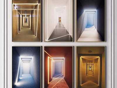 Modern Colorful Corridor Artworks With Lighted Lines In Six Framed Panels 3d model