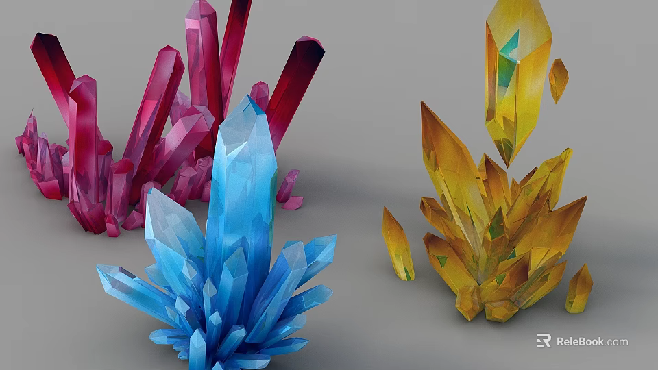 Colorful Crystal Stone Clusters with Red Blue and Yellow Colors 3d model 