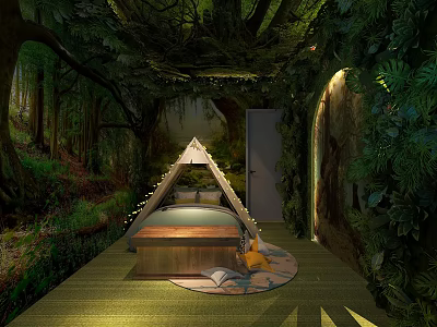 Forest Themed Internet Cafe Interior With Tent Bed Green Plants And String Lights 3d model