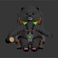 Black Bear Toy Sitting On Orange Seat With Green Harness And Lantern