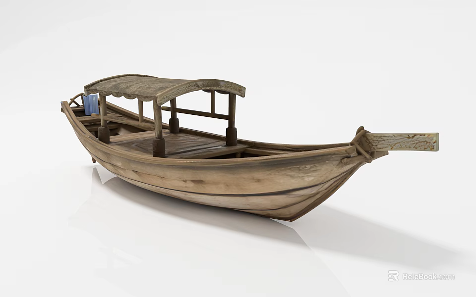 Traditional Wooden Boat With Vintage Canopy Supporting Poles And Wooden Plank Seats 3d model 