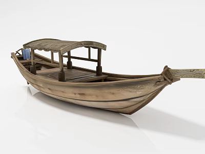 Traditional Wooden Boat With Vintage Canopy Supporting Poles And Wooden Plank Seats 3d model