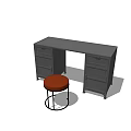 Modern Dark Wooden Desk With Storage Drawers Cabinets And Red Stool