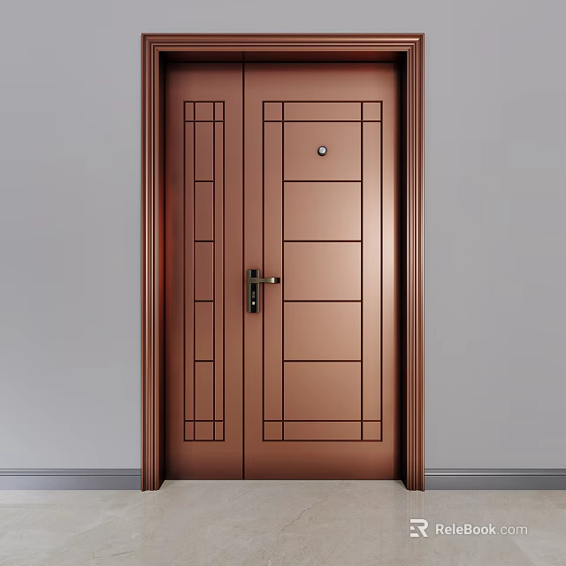 Modern Bronze Double Security Door with Geometric Patterns Peephole and Handle 3d model 