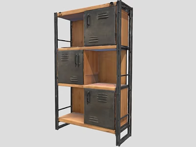 Industrial Style Storage Cabinet Shelf With Metal Frame Wooden Shelves And Dark Doors 3d model