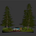 Blue Car Parked On Dirt Path Among Pine Trees And Green Grass