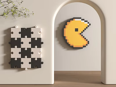 Modern Decorative Wall Hangings With Black White Checkered Puzzle And Yellow Pac Man Design 3d model