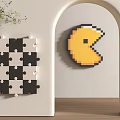Modern Decorative Wall Hangings With Black White Checkered Puzzle And Yellow Pac Man Design