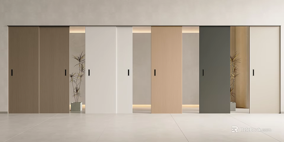 Modern Sliding Doors in Wood White and Gray with Ambient Lighting and Potted Plants 3d model 