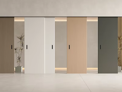 Modern Sliding Doors in Wood White and Gray with Ambient Lighting and Potted Plants 3d model