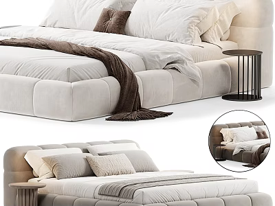 Modern Velvet Double Bed With Soft Pillows Cozy Blanket And Minimalist Nightstand 3d model