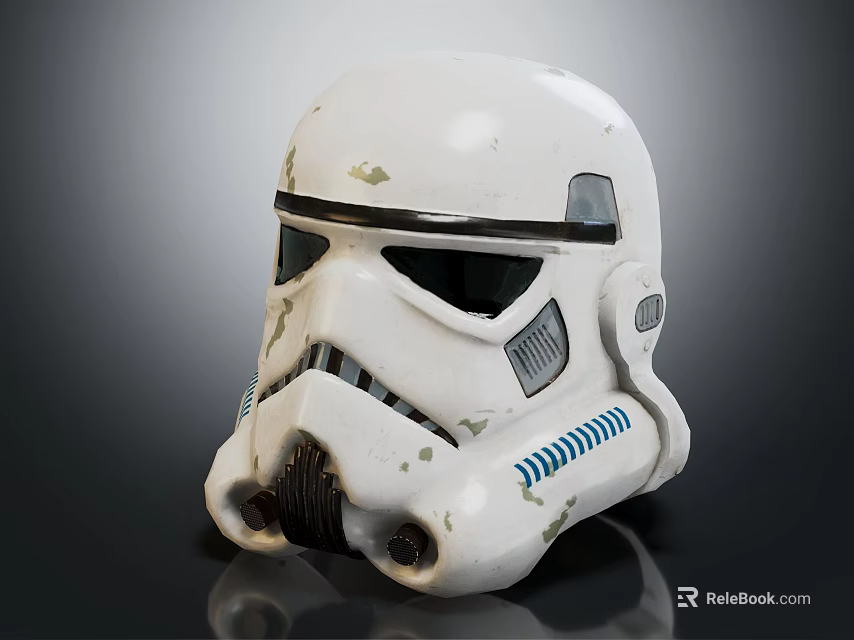 Classic White Stormtrooper Helmet With Worn Finish Black Visor And Blue Stripes 3d model 