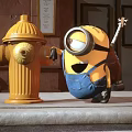 Minion Standing Next to Yellow Fire Hydrant Holding Guitar on Urban Sidewalk