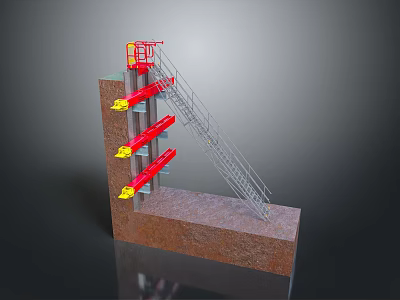 Red Industrial Mechanical Structure With Metal Ladder Brown Base Hydraulic Arms And Yellow Connectors 3d model