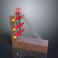 Red Industrial Mechanical Structure With Metal Ladder Brown Base Hydraulic Arms And Yellow Connectors