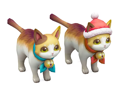 Two Adorable Cat Stuffed Dolls With Blue Collar Red Santa Hat And Bell Decorations 3d model