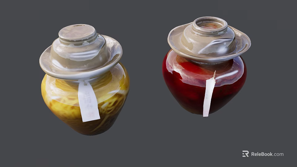 Decorative Yellow and Red Ceramic Jars with Lids and White Labels 3d model