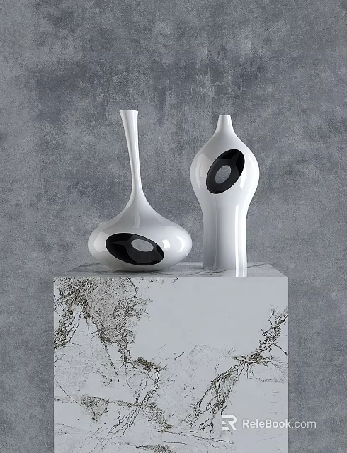 Modern White Decorative Ornament Set with Black Hollow Design on Marble Pedestal and Gray Background 3d model 