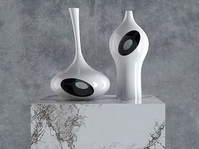 Modern White Decorative Ornament Set with Black Hollow Design on Marble Pedestal and Gray Background 3d model