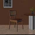 Wooden Dining Chair With Rattan Back And Brown Cushion Orange Wall Round Table And Plant
