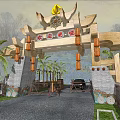 Traditional Chinese Entrance Gate With Golden Decorations Lanterns Palm Trees Wooden Fences Stone Walls