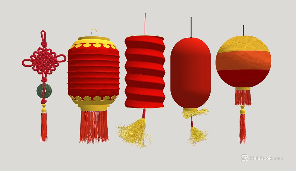 Traditional Chinese Red Lanterns With Various Styles And Hanging Decorative Tassels 3d model 