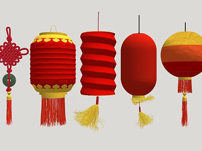 Traditional Chinese Red Lanterns With Various Styles And Hanging Decorative Tassels 3d model