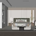 Modern Bedroom Interior Design With Upholstered Bed Seating Sofa Area Rug Nightstands And Decorative Mirror