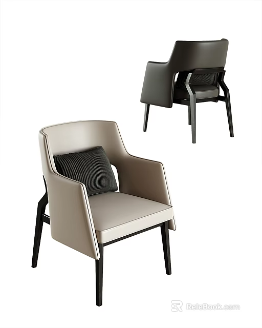 Modern Beige Leather Leisure Chair With Black Cushion And Stylish Black Wooden Legs 3d model 