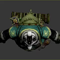 Panda Warrior Character In Green And White Outfit With Backpack And Staff Standing Pose