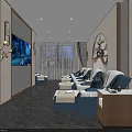 Elegant SPA Sauna Interior Design With Massage Beds Wall TV Windows Decorative Lights And Plants