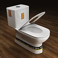 White Modern Toilet With Open Lid And Decorative Base Band On Wooden Floor