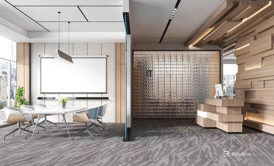 Modern Conference Room Featuring Conference Table Whiteboard Glass Block Wall And Wooden Accents 3d model 