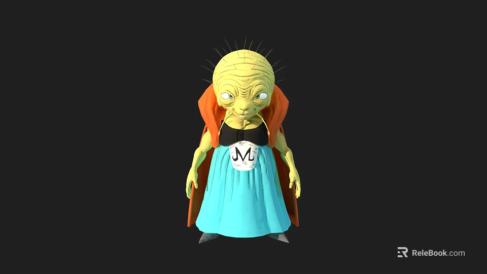 Game Movie Character With Yellow Skin Spiked Head Orange Cape Blue Dress And M Logo 3d model 
