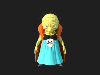 Game Movie Character With Yellow Skin Spiked Head Orange Cape Blue Dress And M Logo 3d model