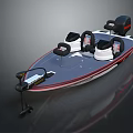 Modern Recreational Fishing Boat with Black Seats Outboard Motor and Red Striped Deck