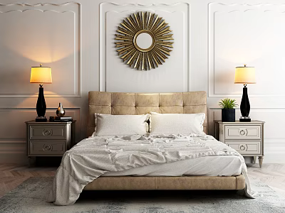 Beige Upholstered Headboard Double Bed With Nightstands Black Lamps Golden Sunburst Mirror White Paneled Wall 3d model