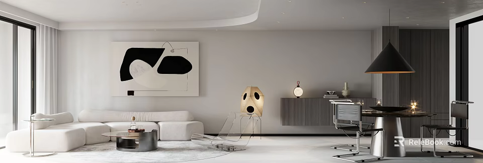 Modern Living and Dining Room With White Sofa Large Abstract Art Gold Floor Lamp and Wooden Sideboard 3d model 