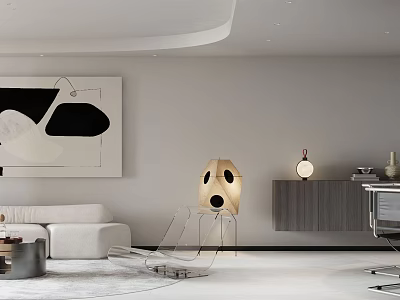 Modern Living and Dining Room With White Sofa Large Abstract Art Gold Floor Lamp and Wooden Sideboard 3d model