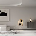 Modern Living and Dining Room With White Sofa Large Abstract Art Gold Floor Lamp and Wooden Sideboard
