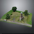 Miniature Scene Model With Green Grass Trees Water Tower Path And Small Truck